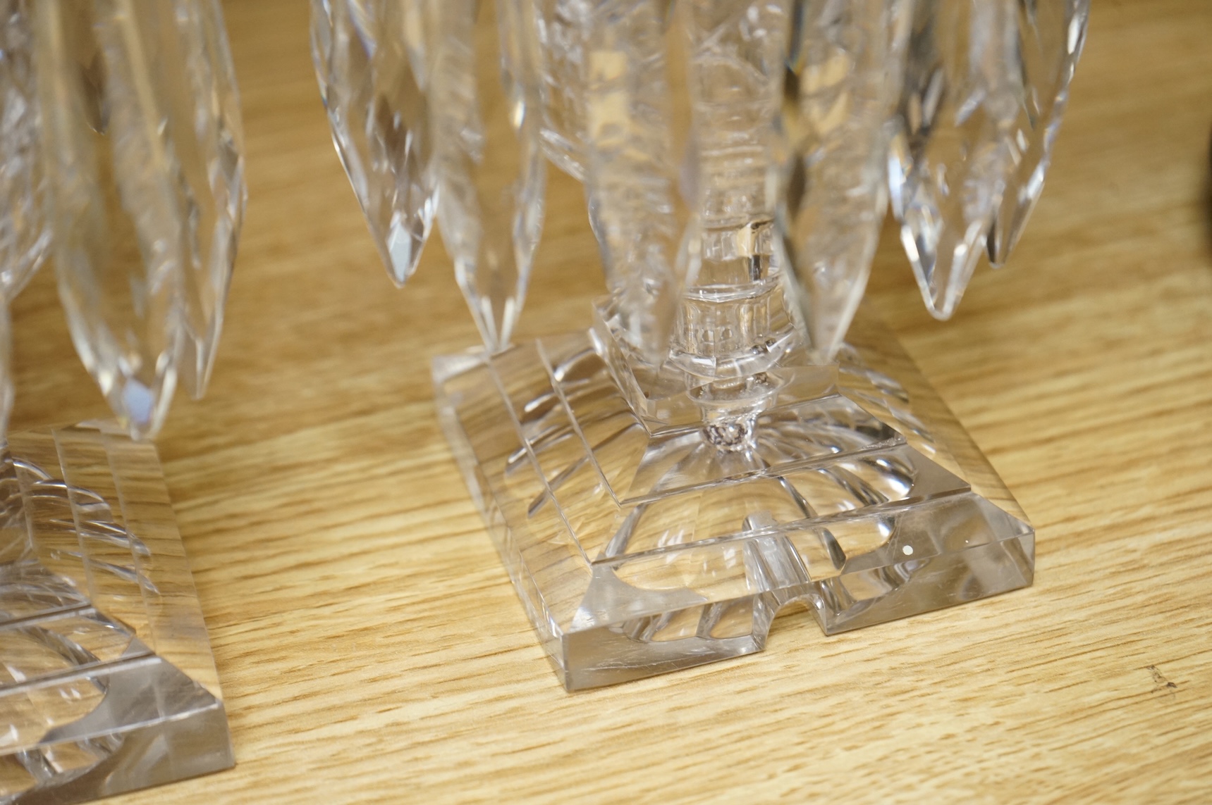 A pair of Victorian cut glass table lustres, probably Berry & Co., in Regency style, converted for electricity, 29cm high